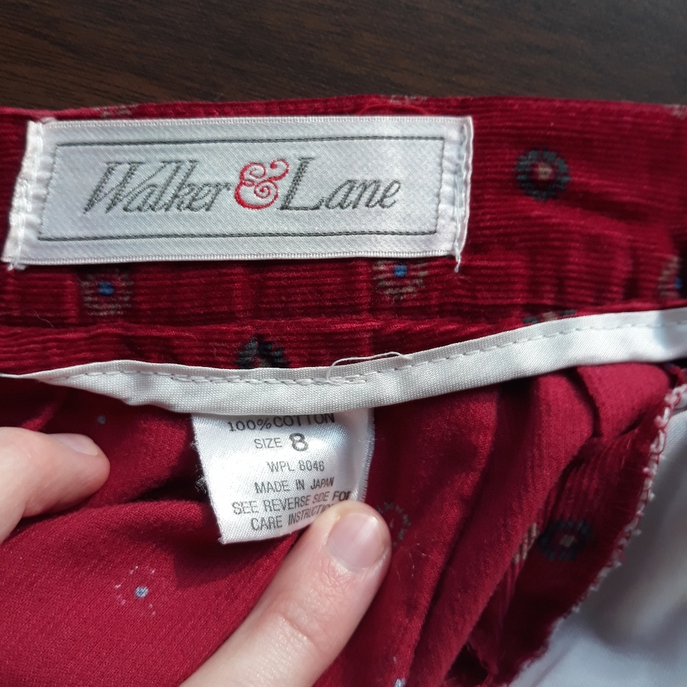 90s Walker & Lane Red Printed Corduroy Midi Skirt Size 8 Cotton Cottagecore - Picture 6 of 9